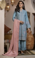 Dupatta: Fancy woven shawl - 01 Piece Shirt Front: Fancy Slub Peach Embroidered - 01 Piece Shirt Back: Fancy Slub Peach - 01 Piece Sleeves: Fancy Slub Peach Embroidered - 01 Pair Trouser: Dyed - 01 Piece