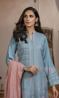 Dupatta: Fancy woven shawl - 01 Piece Shirt Front: Fancy Slub Peach Embroidered - 01 Piece Shirt Back: Fancy Slub Peach - 01 Piece Sleeves: Fancy Slub Peach Embroidered - 01 Pair Trouser: Dyed - 01 Piece