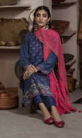 Dupatta: Fancy woven shawl - 01 Piece Shirt Front: Fancy Slub Peach Embroidered - 01 Piece Shirt Back: Fancy Slub Peach - 01 Piece Sleeves: Fancy Slub Peach Embroidered - 01 Pair Trouser: Dyed - 01 Piece