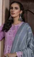 Dupatta: Fancy woven shawl - 01 Piece Shirt Front: Fancy Slub Peach Embroidered - 01 Piece Shirt Back: Fancy Slub Peach - 01 Piece Sleeves: Fancy Slub Peach Embroidered - 01 Pair Trouser: Dyed - 01 Piece