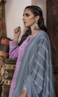 Dupatta: Fancy woven shawl - 01 Piece Shirt Front: Fancy Slub Peach Embroidered - 01 Piece Shirt Back: Fancy Slub Peach - 01 Piece Sleeves: Fancy Slub Peach Embroidered - 01 Pair Trouser: Dyed - 01 Piece