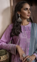 Dupatta: Fancy woven shawl - 01 Piece Shirt Front: Fancy Slub Peach Embroidered - 01 Piece Shirt Back: Fancy Slub Peach - 01 Piece Sleeves: Fancy Slub Peach Embroidered - 01 Pair Trouser: Dyed - 01 Piece