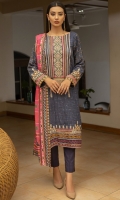 Dupatta: Digital printed linen - 01 Piece Shirt Front: Digital printed Embroidered linen - 01 Piece Shirt Back: Digital printed linen - 01 Piece Sleeves: Digital printed Embroidered linen - 01 Pair Trouser: Dyed - 01 Piece