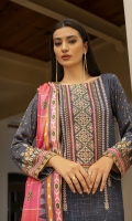 Dupatta: Digital printed linen - 01 Piece Shirt Front: Digital printed Embroidered linen - 01 Piece Shirt Back: Digital printed linen - 01 Piece Sleeves: Digital printed Embroidered linen - 01 Pair Trouser: Dyed - 01 Piece