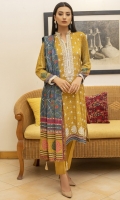 Dupatta: Digital printed linen - 01 Piece Shirt Front: Digital printed Embroidered linen - 01 Piece Shirt Back: Digital printed linen - 01 Piece Sleeves: Digital printed linen - 01 Pair Border: Embroidered - 01 Piece Trouser: Dyed - 01 Piece