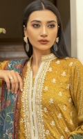 Dupatta: Digital printed linen - 01 Piece Shirt Front: Digital printed Embroidered linen - 01 Piece Shirt Back: Digital printed linen - 01 Piece Sleeves: Digital printed linen - 01 Pair Border: Embroidered - 01 Piece Trouser: Dyed - 01 Piece
