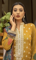 Dupatta: Digital printed linen - 01 Piece Shirt Front: Digital printed Embroidered linen - 01 Piece Shirt Back: Digital printed linen - 01 Piece Sleeves: Digital printed linen - 01 Pair Border: Embroidered - 01 Piece Trouser: Dyed - 01 Piece