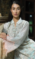 Dupatta : Chiffon Embroidered	2.5 Meters  Shirt Front :	Cotton Net Embroidered	1.25 Meters  Shirt Back : Cotton Net Embroidered	1.25 Meters  Sleeves :	Cotton Net Embroidered	1 Pair  Trouser Dyed raw silk	2.5 Meters  Border :	Embroidered	1-Piece  Lace :	2-Pieces