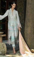 Dupatta : Chiffon Embroidered	2.5 Meters  Shirt Front :	Cotton Net Embroidered	1.25 Meters  Shirt Back : Cotton Net Embroidered	1.25 Meters  Sleeves :	Cotton Net Embroidered	1 Pair  Trouser Dyed raw silk	2.5 Meters  Border :	Embroidered	1-Piece  Lace :	2-Pieces
