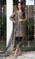 Black organza front open jacket with hand crafted tilla embellished with very sheek jewel stones,pearls,dabka,naqshi and pearls Raw Silk Inner Raw Silk Trouser Net Embroidered Dupatta