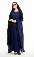 Comes with a complimenting Hijab  Black delicate 3D flower (with bead embellishment) on the front Poncho Style Abaya  Full of drapes layering style with inner lining  Black borders on the corner 