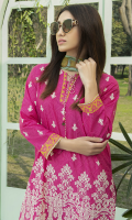1 Piece Embroidered Lawn Front 1 Piece Embroidered Sleeves 1 Piece Printed Back Printed Chiffon Dupatta (2.5 Meter) 