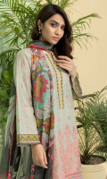1 Piece Embroidered Lawn Front 1 Piece Embroidered Sleeves 1 Piece Printed Back Printed Chiffon Dupatta (2.5 Meter) 