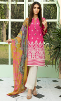 1 Piece Embroidered Lawn Front 1 Piece Embroidered Sleeves 1 Piece Printed Back Printed Chiffon Dupatta (2.5 Meter) 