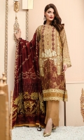 Shirt front: Cotton net embroidered 01-piece Shirt back: Cotton net embroidered 01-piece Sleeves: Cotton net embroidered 01-pair Dupatta: Silk digital printed 2.5 meters Border: Embroidered 02-pieces Trouser: Dyed 2.5 meters