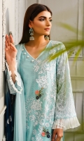 Shirt front: Cotton net embroidered 01-piece Shirt back: Cotton net embroidered 01-piece Sleeves: Cotton net embroidered 01-pair Dupatta: Chiffon embroidered 2.5 meters Trouser: Dyed 2.5 meters