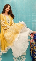 Shirt front: Cotton net embroidered 01-piece Shirt back: Cotton net embroidered 01-piece Sleeves: Cotton net embroidered 01-pair Dupatta: Silk printed 2.5 meters Trouser: Dyed 2.5 meters