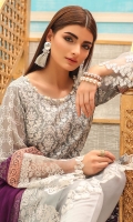 Shirt front: Cotton net embroidered 01-piece Shirt back: Cotton net embroidered 01-piece Sleeves: Cotton net embroidered 01-pair Dupatta: Chiffon embroidered 2.5 meters Border: Embroidered 02-pieces Trouser: Dyed 2.5 meters