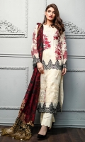 Shirt front: Cotton net embroidered 01-piece Shirt back: Cotton net embroidered 01-piece Sleeves: Cotton net embroidered 01-pair Dupatta: Silk printed 2.5 meters Border: Embroidered 03-pieces Trouser: Dyed 2.5 meters