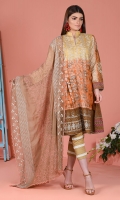Shirt front: Printed lawn embroidered 1.25 meters Shirt back: Printed lawn 1.25 meters Dupatta: Dyed Chiffon embroidered 2.5 meters Sleeves: Printed lawn 1-pair Trouser: Dyed 2.5 meters