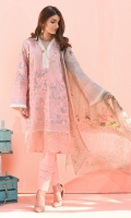 Shirt front: Dyed textured lawn embroidered 1.25 meters  Shirt back: Printed lawn 1.25 meters  Dupatta: Chiffon printed 2.5 meters  Sleeves: Dyed textured lawn embroidered 1-pair Trouser: Dyed 2.5 meters Border: Embroidered 1-piece