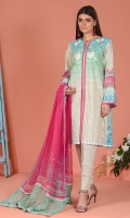 Shirt front: Printed lawn embroidered 1.25 meters Shirt back: Printed lawn 1.25 meters Dupatta: Chiffon printed 2.5 meters Sleeves: Printed lawn 1-pair Trouser: Dyed 2.5 meters Border: Embroidered 2-pieces