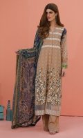 Shirt front: Dyed textured lawn embroidered 1.25 meters Shirt back: Dyed textured lawn 1.25 meters Dupatta: Chiffon printed 2.5 meters Sleeves: Printed lawn 1-pair Trouser: Dyed 2.5 meters