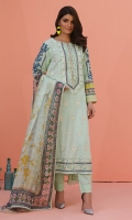 Shirt front: Dyed textured lawn embroidered 1.25 meters Shirt back: Dyed textured lawn embroidered 1.25 meters Dupatta: Chiffon printed 2.5 meters Sleeves: Printed lawn 1-pair Trouser: Dyed 2.5 meters