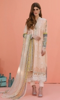 Shirt front: Dyed textured lawn embroidered 1.25 meters Shirt back: Dyed textured lawn 1.25 meters Dupatta: Chiffon printed 2.5 meters Sleeves: Printed lawn 1-pair  Trouser: Dyed 2.5 meters Border: Embroidered 1-piece