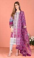 Shirt front: Printed lawn embroidered 1.25 meters Shirt back: Printed lawn 1.25 meters Dupatta: Dyed Chiffon embroidered 2.5 meters Sleeves: Printed lawn 1-pair Trouser: Dyed 2.5 meters Border: Embroidered 1-piece