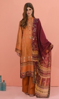 Shirt front: Dyed textured lawn embroidered 1.25 meters Shirt back: Dyed textured lawn 1.25 meters Dupatta: Silk printed 2.5 meters  Sleeves: Dyed textured lawn embroidered 1-pair Trouser: Dyed 2.5 meters  Border: Embroidered 1-piece