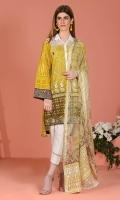 Shirt front: Printed lawn embroidered 1.25 meters Shirt back: Printed lawn 1.25 meters Dupatta: Chiffon printed 2.5 meters Sleeves: Printed lawn 1-pair Trouser: Dyed 2.5 meters Dupatta border: Embroidered 2-piece