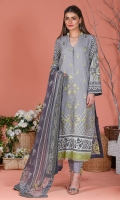 Shirt front: Dyed jacquard embroidered 1.25 meters Shirt back: Printed 1.25 meters Dupatta: Chiffon printed 2.5 meters Sleeves: Printed 1-pair Trouser: Dyed 2.5 meters Border: Embroidered 1-piece