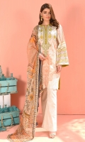 Shirt front: Dyed lawn embroidered 1.25 meters Shirt back: Printed lawn 1.25 meters Dupatta: Chiffon printed 2.5 meters Sleeves: Dyed lawn embroidered 1-pair Trouser: Printed 2.5 meters