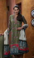 Dupatta : Printed	1 Piece Shirt Front :	Dyed-Embroidered	1.25 meters Shirt Back :	Printed	1.25 meters Sleeves :	Printed	1 Pair Trouser: Dyed	2.5 Meters Border :	Embroidered	1 Piece Border :	Printed	1 Piece	 Dupatta Border : Printed	2 Pieces