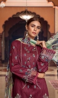 Neck Front     | Digital Printed Lawn with Embroidered Neck (1.25M)  Back                | Luxury Digital Printed Lawn Back  (1.25M) Sleeves           | Luxury Embroidered Lawn Sleeves  (1M)  Dupatta          |  Luxury Jacquard Chiffon Dupatta (2.5M) Trouser           | Cambric Cotton Trouser (2.5M)