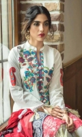 Shirt: Printed Lawn Dupatta : Embroidered Chiffon Sleeves : Printed Lawn Trouser : Dyed Border : Digital Printed Border for Dupatta Embroidery 1. Embroidered Gala 2. Embroidered Daman for Front 3. Embroidered Bunches for Sleeves 4. Embroidered Chiffon Dupatta 5. Embroidered Pallu for Dupatta