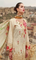 Shirt: Dyed jacquard Dupatta: Digital Printed Silk Sleeves: Dyed Jacquard Trouser: Dyed Embroidery 1. Embroidered yock 2. Embroidered Daman for Shirt 3. Embroidered Border for Sleeves 4. Full Front Embroidered  5. Embroidered Pallu for Dupatta on Shirt