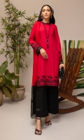 HOT PINK COTTON KURTA WITH BLACK INTRICATE EMBROIDERY . BLACK CULLOTTES WITH LACE FINISHING ON HEM. OMBRE CHIFFON DUPPATA.