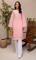 LILAC PINK COTTON KURTA WITH IVORY EMBROIDERY. WHITE BOOTCUT PANTS WITH LACE DETAILING.