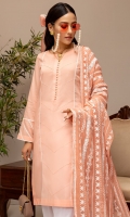 PEACH PINK PLEATED KURTA WITH FINE LACE FINISHINGS. WHITE SHALWAR WITH ORGANZA FINISHINGS. EMBOSS PRINTED SCENERY DUPPATA.