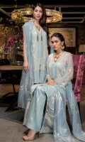 Chiffon embroidered front panels Chiffon embroidered back 30 inches organza border in tilla 60 inches organza border in metallic tilla Chiffon embroidered sleeves 2.5 yards cotton silk lining 2.5 yards silk pants 2.75 yards silver foil printed net dupatta