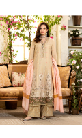 Laser Applique Front With Embroidery And Mirrior Work = 1.15 Meter  Embroided Lawn Back = 1.15 Meter  Embroided Lawn Sleeves = 0.65  Gold Jacqurad Trouser = 2.5 Meter  Dyed Jacquard Dupatta = 2.5 Meter  Embroided Organza Border For Neckline And Sleeves = 1.5 Meter  Embroided Organza Border For Front Hem = 0.65 Meter  Additional Embroided Fabric For Pannels  = 0.65 Meter