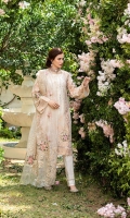 Gold Jacquard Lawn Front = 1.25 Meters  Gold Jacquard Lawn Back = 1.25 Meters  Gold jacquard Lawn Sleeves = 0.65  Embroided Digital Printed Organza Dupatta = 2.5 Meter  Cotton Trousers = 2.5 Meters  2 Embroided Motifs For Hem  2 Embroided Motifs For Sleeves