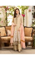 Laser Applique Front With Embroidery And Mirrior Work = 1.15 Meter  Embroided Lawn Back = 1.15 Meter  Embroided Lawn Sleeves = 0.65  Gold Jacqurad Trouser = 2.5 Meter  Dyed Jacquard Dupatta = 2.5 Meter  Embroided Organza Border For Neckline And Sleeves = 1.5 Meter  Embroided Organza Border For Front Hem = 0.65 Meter  Additional Embroided Fabric For Pannels  = 0.65 Meter