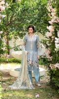 Schiffli Embroided Lawn Front = 0.75 Meters  Digital Printed Lawn Back = 1.25 Meters  Digital Printed Lawn Sleeves = 0.65  Digital Printed Pure Chiffon Dupatta = 2.5 Meter  Cotton Trousers = 2.5 Meters  Embroided Organza Border For Front Hem = 0.75 Meter  Embroided Organza Patti For Neckline = 1 Meter  Embroided Organza Border For Trouser = 0.75 Meter