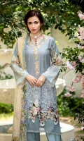 Schiffli Embroided Lawn Front = 0.75 Meters  Digital Printed Lawn Back = 1.25 Meters  Digital Printed Lawn Sleeves = 0.65  Digital Printed Pure Chiffon Dupatta = 2.5 Meter  Cotton Trousers = 2.5 Meters  Embroided Organza Border For Front Hem = 0.75 Meter  Embroided Organza Patti For Neckline = 1 Meter  Embroided Organza Border For Trouser = 0.75 Meter