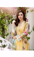 Schiffli Embroided Lawn Front = 1.15 Meter  Digital Printed Lawn Back = 1.25 Meters  Digital Printed Lawn Sleeves = 0.65  Pure Chiffon Digital Printed Dupatta = 2.5 Meter  Self Jacquard Trousers = 2.5 Meters  Embroided Organza Border For Front = 1.5 Meter  Embroided Silk Border With Pearls For Front