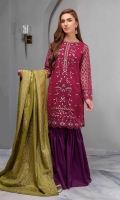 Green Embroidered Net Panelled Straight Shirt With Cotton Lawn Gharara And Jacquard Dupatta.