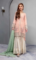 Peach Printed Lawn High-Low Front Open Shirt With Embroidered Border And Sleeves Paired With Jacquard Border Gharara And Embroidered Net Dupatta